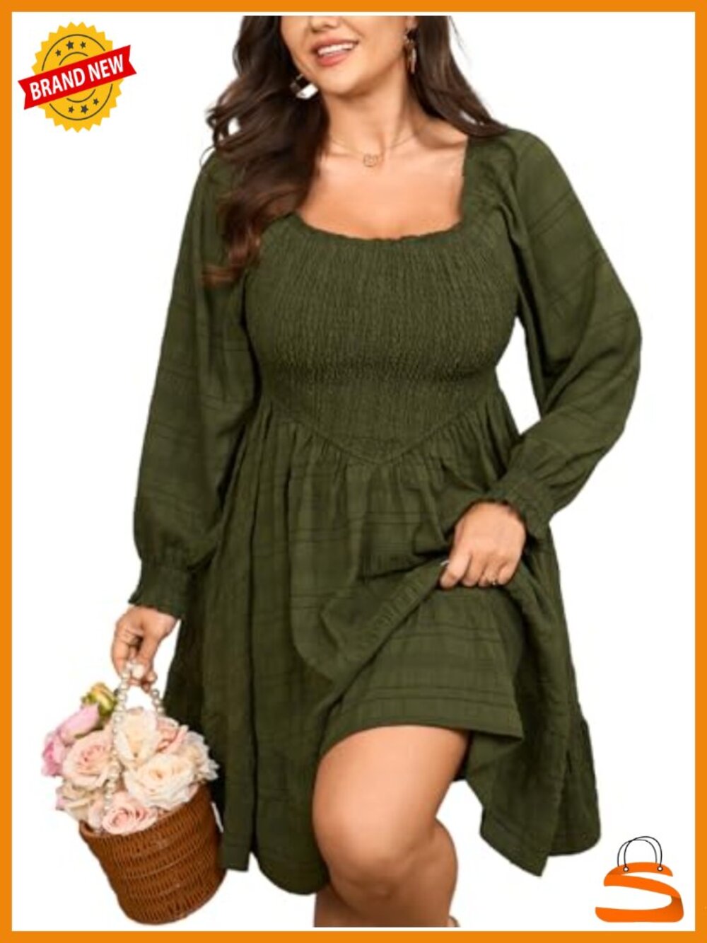 Plus Size Mini Dress A-Line Puff Long Sleeve Square Neck Tiered Casual